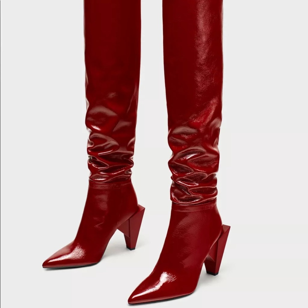 SOLD! NWT Zara Red Patent Leather Knee High Boots - Picture 7 of 8